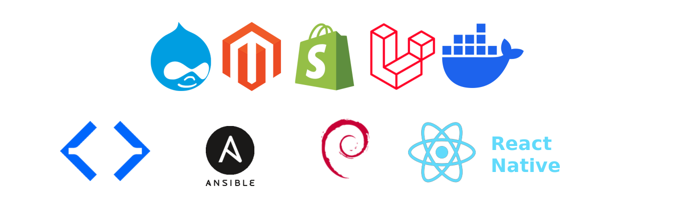 Drupal, Magento, Shopify, Laravel, Docker, OpenPLC, Ansible, Debian, React Native